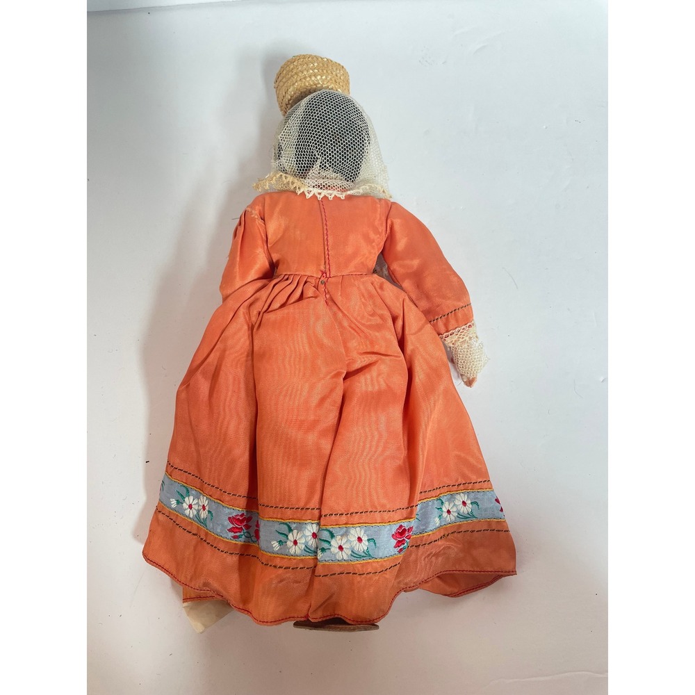 Vintage Sicilia Italian Souvenir Doll Orange Lace Dress Straw Basket Sicily 10" - Picture 3 of 5